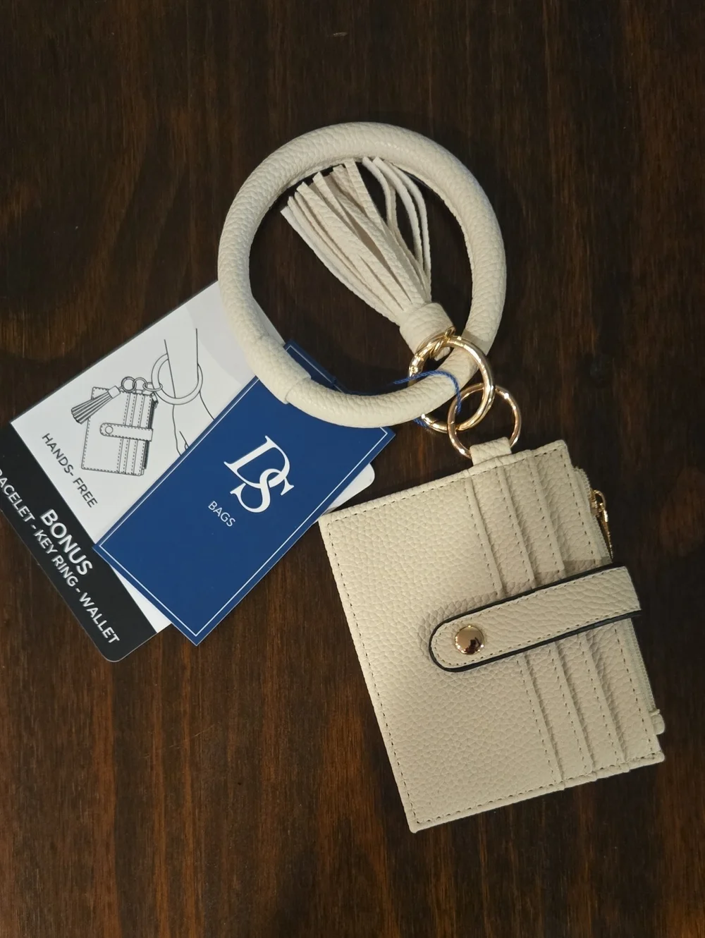 Cream Wristlet Card Holder with Tassel Key Ring